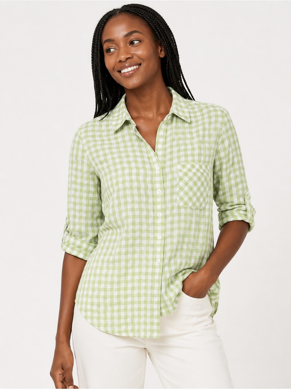 Foxcroft Green Gingham Button Down Shirt Size 6